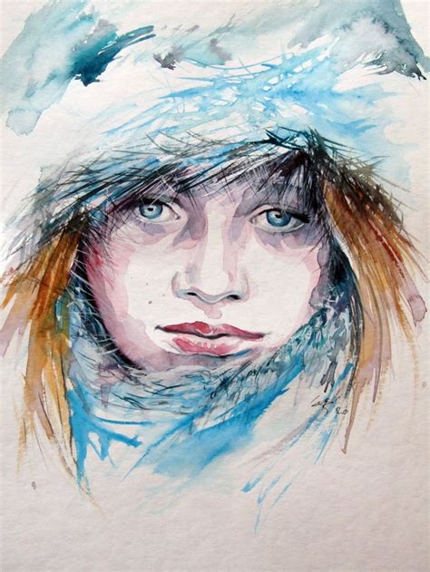 Winter girl 38x28 cm by Kovács Anna Brigitta Watercolor portrait