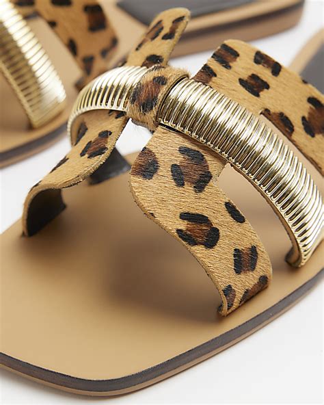 Beige leather leopard print flat sandals | River Island