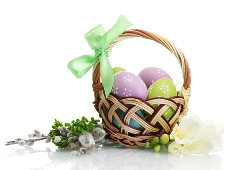 Premium Photo Basket With Easter Eggs And Pussywillow Twigs Isolated