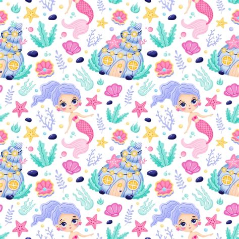 Premium Vector Cute Cartoon Mermaids Seamless Pattern Mermaid Castle