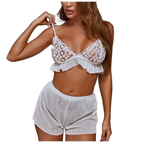 Mesdames Lingerie Sexy Fleurs Blanches Transparent Dentelle Sous