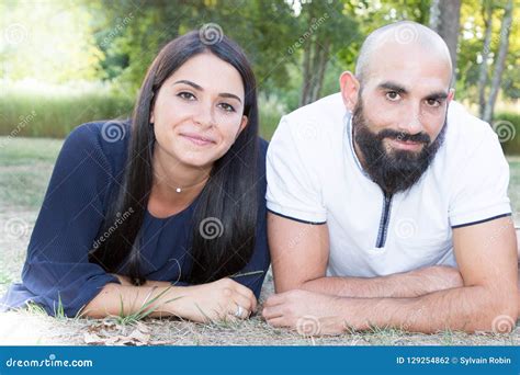 Couple Handsome Beard Bald Man And Pretty Brunette Long Hairs Girl Stock Photo Image Of