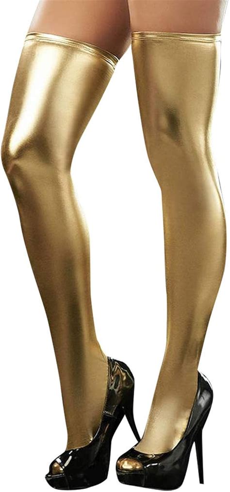 Flyrose Womens Sexy Metallic Wet Look Thigh High Stockings