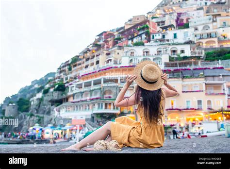 Summer Holiday In Italy Young Woman In Positano Village On The