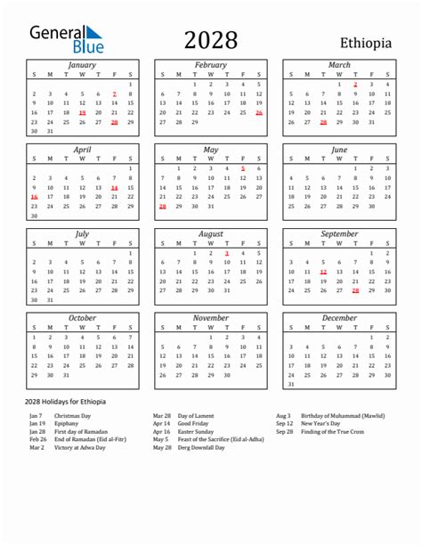 Free Printable 2028 Ethiopia Holiday Calendar