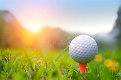 Golf Ball On Tee In Beautiful Golf Course With Sunset Stock Photo