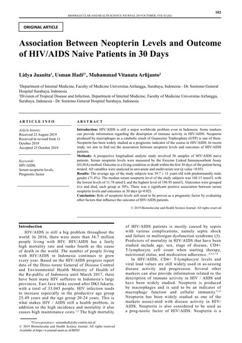 PDF Association Between Neopterin Levels And Outcome In 30 Day HIV