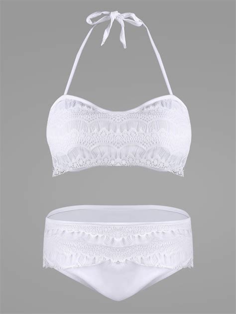 White S Stylish Halter Ruffled Lace Bikini Set For Women RoseGal