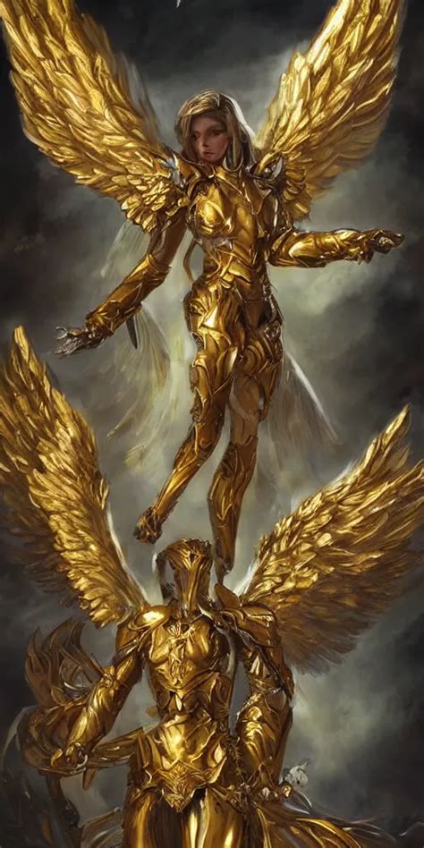 Fantasy Angel Warrior In Armor With Bright Gold Wings Stable Diffusion