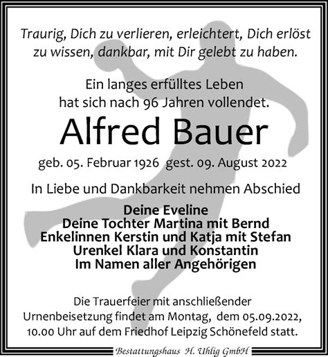 Traueranzeigen Von Alfred Bauer Trauer Anzeigen De