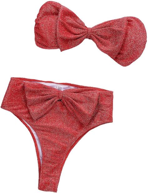 Ydingzui Sexy zweiteiliger Bikini Set glänzend schimmernd einfarbig Badeanzug trägerlos