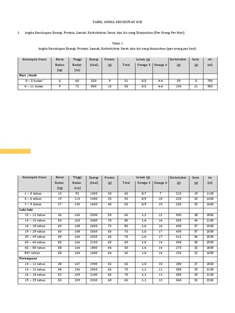 Tabel Angka Kecukupan Gizi Akg Indonesia Kementrian Kesehatan 2019 Pdf