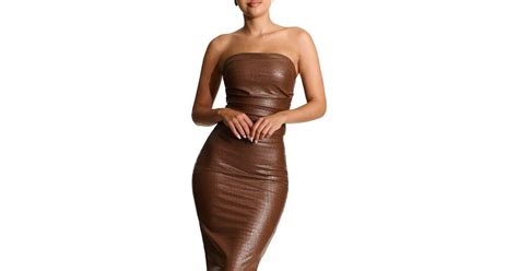Naked Wardrobe Ruched Croc Embossed Faux Leather Corset Top In Brown Lyst