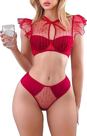 Amazon WDIRARA Women S Mesh Lace Underwire Lingerie Set 2 Piece Set Ruffle Bralettes And