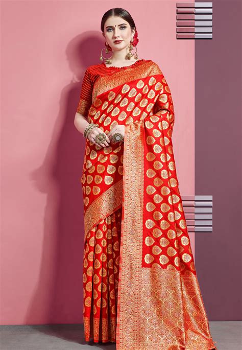 Red Banarasi Saree With Blouse 183549 Traditional Sarees Saree Silk