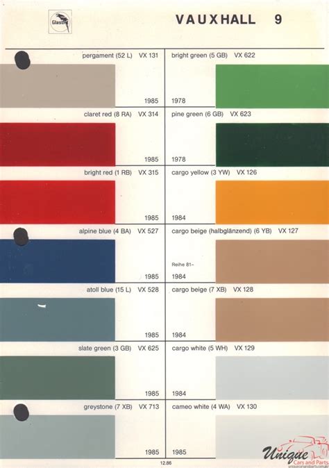 Vauxhall Paint Chart Color Reference