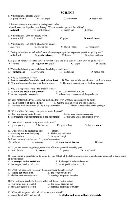 PT Science 4 Q1 - PERIODIC EXAM - SCIENCE Which material absorbs water