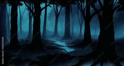 In the depths of a creepy dark forest. Black trunks and tree roots in a ...