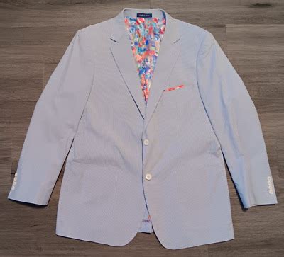 Alan Flusser Mens Blue White Pinstriped Seersucker Blazer Sportscoat