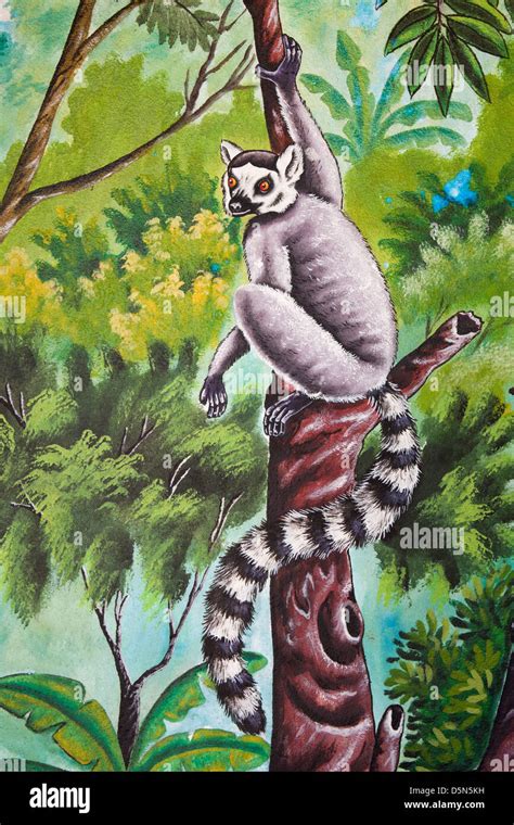 Madagascar, Nosy Be, Anjiamarango beach resort, ring tailed lemur mural ...