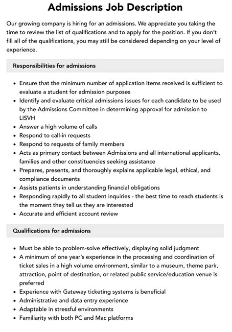 Admissions Job Description Velvet Jobs