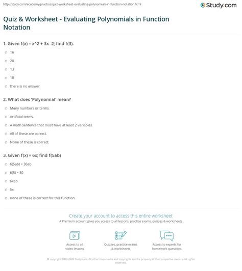 Quiz And Worksheet Evaluating Polynomials In Function Notation