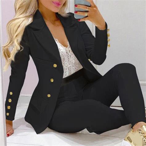 Damen Blazer Revers Mantel Jacke Hose Set B Ro Ol Formelle Outfits