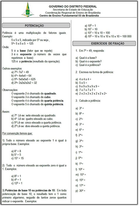 Atividade Potenciação 6 Ano - ZULEDU