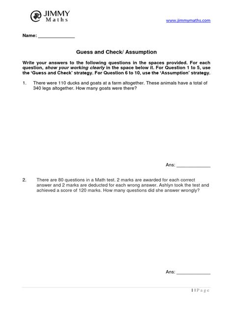 P4 Whole Numbers Guess And Check Assumption Practice Worksheet Pdf