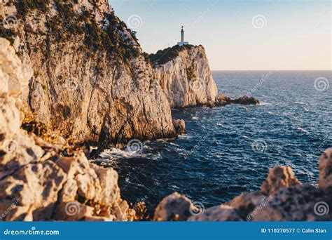 Sunset In Lefkada At The Cape Lefkatas Lighthouse Stock Image Image