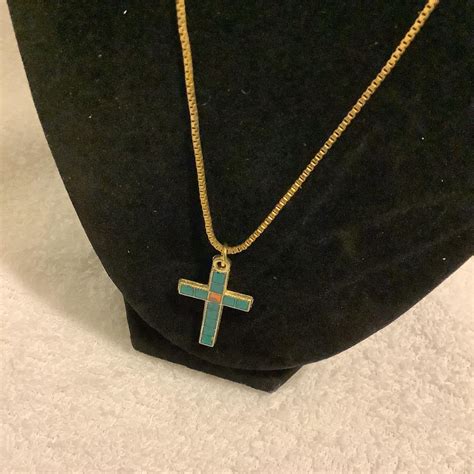 20 inch gold plated necklace with a rhinestone cross... - Depop