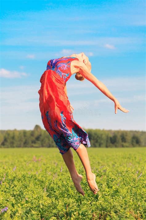 Woman Jumps Stock Photo Image Of Meadow Colorful Dress 33104912