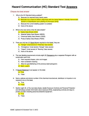 Hazard Communication Quiz Answers Fill Online Printable Fillable