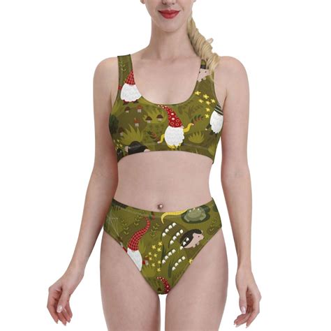 Fotbe Women S Gnomes Playing In The Garden Print Bikini High Waisted