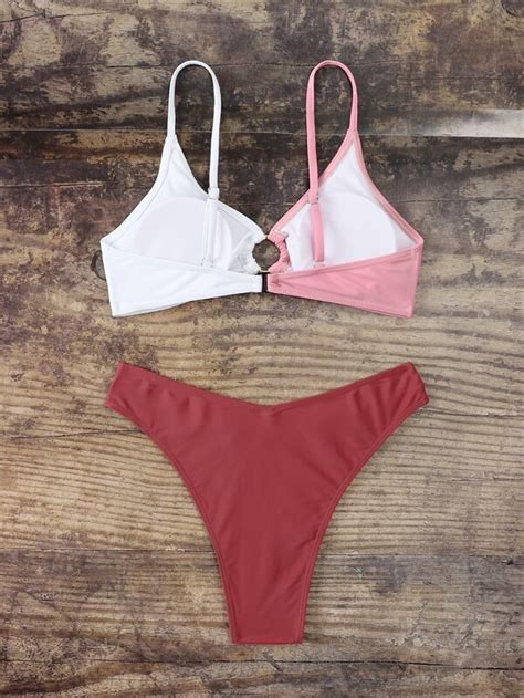 Shein Swim Vcay Color Block Bikini Set Ring Linked Cami Bra High Cut