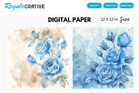 Vintage Watercolor Blue Rose Digital Paper