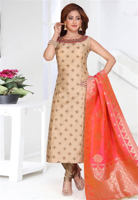 Beige Silk Readymade Churidar Suit 189581 Churidar Suits Designer