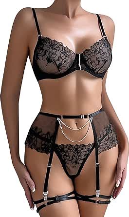 Amazon Ssyyx Womens Sexy Mesh Lingerie Chain Lingerie Set Floral Embroidery Bra And Panty
