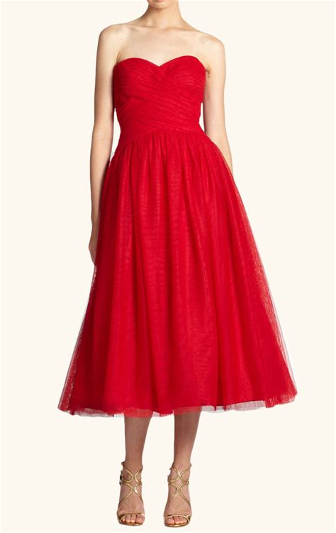 Macloth Strapless Sweetheart Midi Red Cocktail Dress Vintage Tulle For