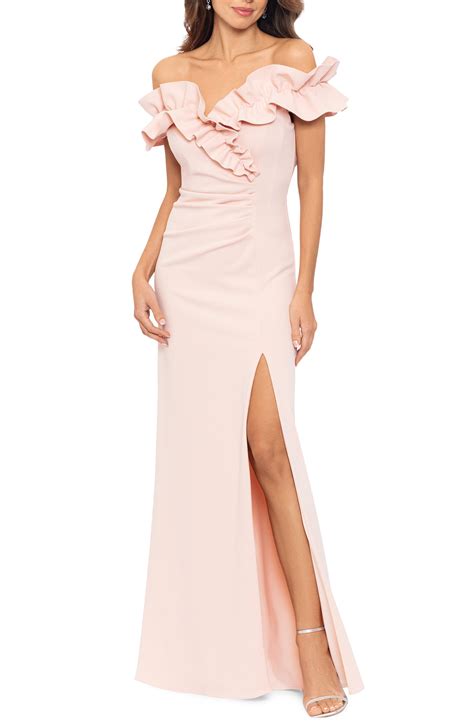 Xscape Ruched Ruffle Scuba Gown In Pink Lyst