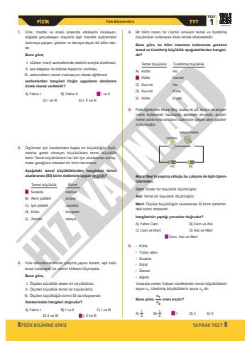 Tyt Fizik Yaprak Test