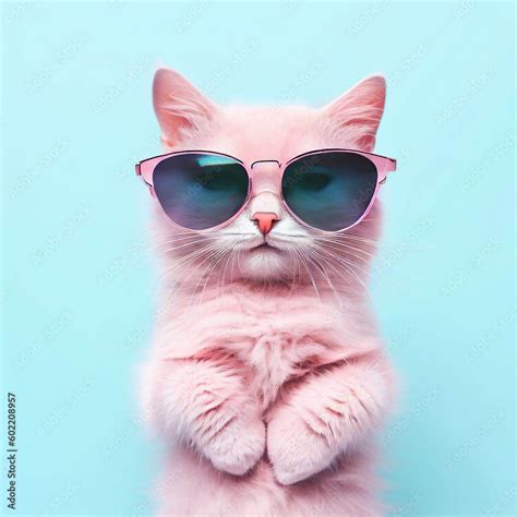 A cat wearing sunglasses and a blue background Generative AI. A cat wearing sunglasses and a ...