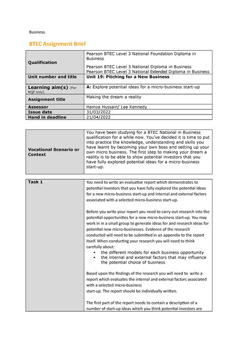 Business Lvl Business Btec Assignment Brief Qualification