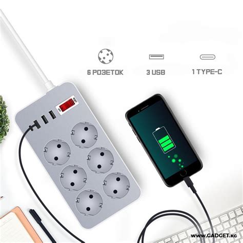 Купить Удлинитель-Переноска с 6 розетками, 3 USB Портами и 1 TYPE-C ...