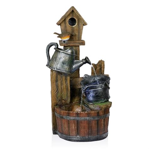 Alpine Corporation In Watering Can Barrel Birdhouse Tiered Fountain