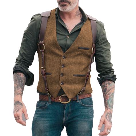 Homens Herringbone Marrom Coletes Colete Jaqueta Steampunk Listrado