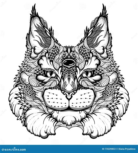 Cat Lynx Head Tattoo Psychedelic Zentangle Style Stock Vector