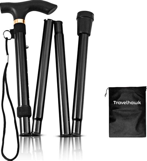 Travelhawk Gehstock Klappbar Schwarz Wanderstock Faltbar Und