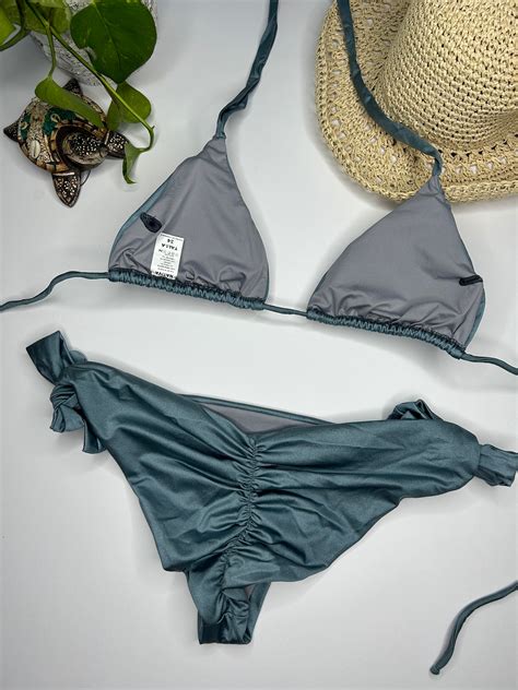 Two Piece Bikini Set Triangle Top Cheeky And Bottom Tie Straps Etsy