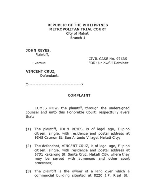 Unlawful Detainer Sample Form Pdf Eviction Lawsuit